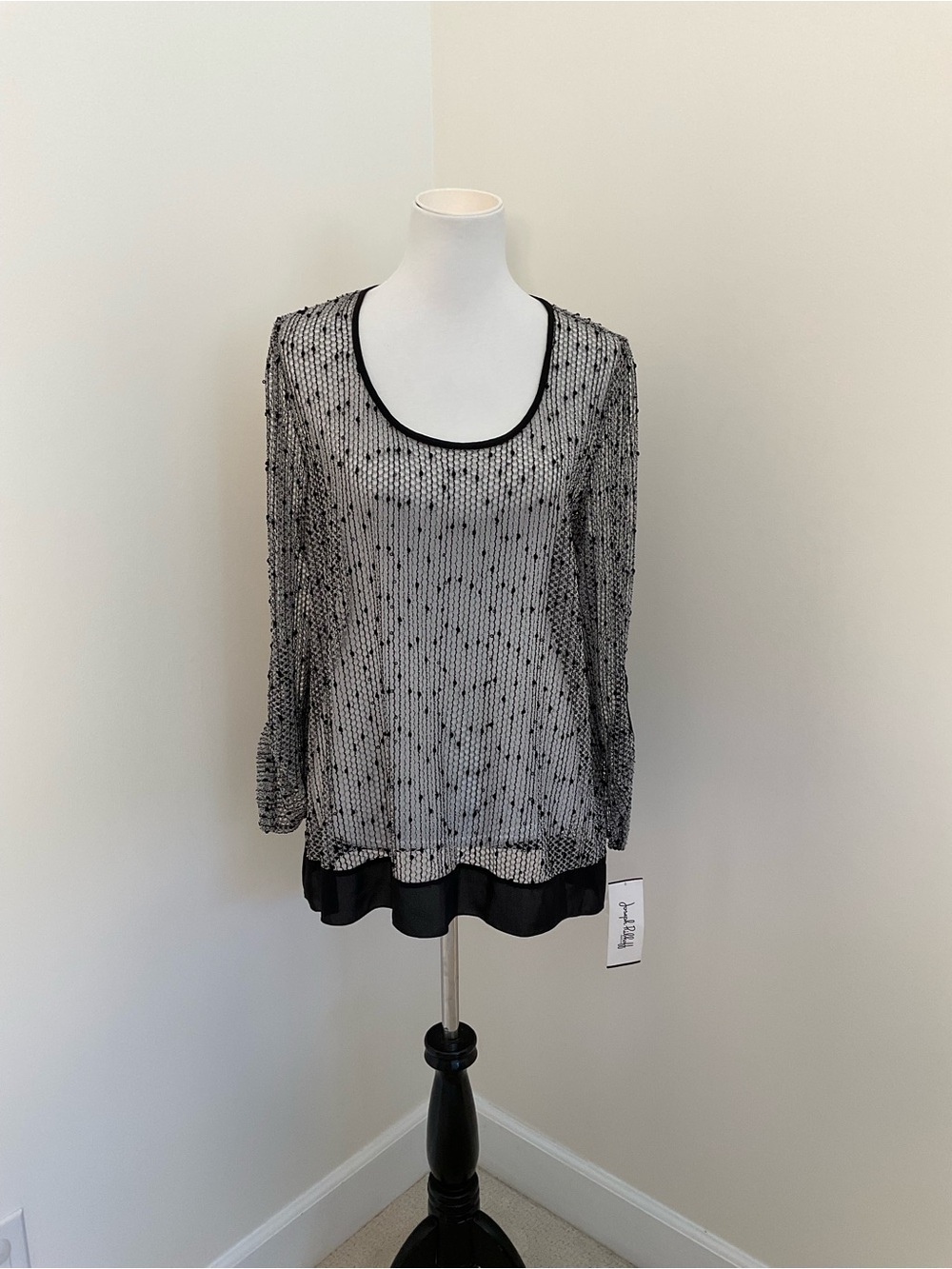 NWT Joseph Ribkoff Black and Gray Sheer Net Lace Long Sleeve Tunic Top